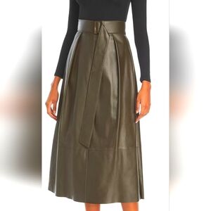 ☘NWOT VINCE Dark Olive Lambskin Leather Midi Skirt with Buckled Belt-Women sz 14